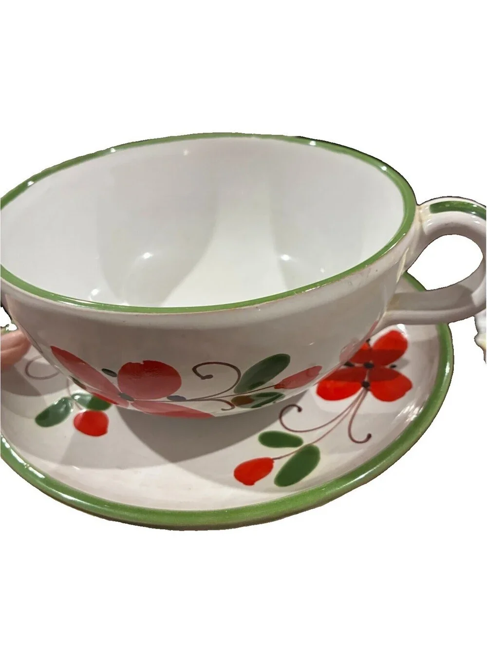 Vintage Italian Hand-Painted Ceramic Soup cup &Saucer set red/green